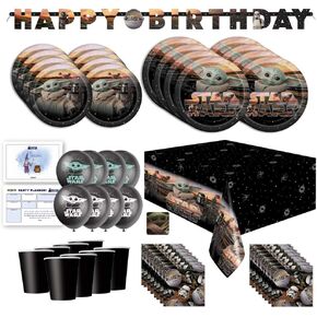 Baby Yoda Mandalorian The Child Themed Happy Birthday Party Supplies for Kids, Serves 16, Decor and Dinnerware with Balloons, Banner, Table Cover, Party Planner, Cups, Plates, Napkins, Sticker and