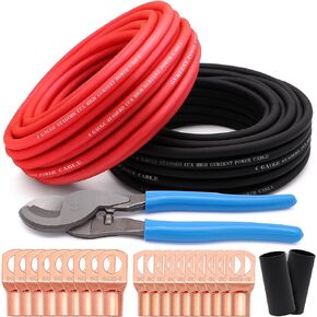 100Ft 4 Gauge Wire Copper Clad Aluminum CCA Car Audio Speaker,Battery Power/Ground Cable,RV Trailer Amp Wiring Kit with Cable Cutter,Heat Shrink Tube,Lugs(Black&Red)