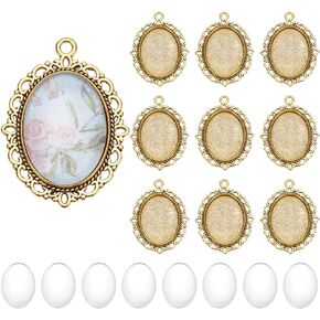 PH PandaHall 60pcs Gold Pendant Trays Kit, 30pcs Oval Blank Bezel Pendant Trays Base, 30pcs 25x18mm Glass Cabochon Dome Tiles for Bridal Wedding Bouquet Graduation Photo Charm Making DIY