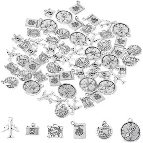 Honbay 60PCS Alloy Travel Charms Pendant Earth Camera Airplane Passport Compass Suitcase Pendants for Earrings Bracelet Necklace Jewelry Making (6 Style)