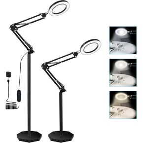 عدسة مكبرة 5X مع ضوء وحامل، مصباح أرضي مكبر بسطوع قابل للتعديل، مكبر مضاء بذراع معقوفة للقراءة والحرف اليدوية والعمل القريب in Kuwait