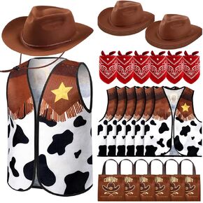 Toulite 24 Pc Western Costume Set - 6 Felt Cowboy Hats, 6 Vests, 6 Bandanas, 6 Tote Bags for Kids' Wild West Cosplay