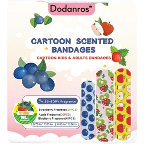 Cartoon Fruit Fragrance Bandages,Assorted Sizes 100 CT | Wear Like Stickers, includes Three Fruit Aromas, Apple, Strawberry and Blueberry