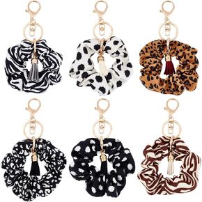 FINGERINSPIRE 6PCS Elastic Bracelet Keychain Leopard Print Spotted Removable Bracelet Keyring Soft Stentch Hair Keyring with Tassle Pendant Cloth Scrunchie Wristlet Bracelet Keychain for Woman Girl