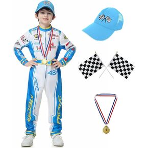 Race Car Driver Costume Boys Racer Jumpsuit With Car Cap Kids Dress Up for Halloween