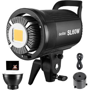 Godox SL60w Video Light 5600K±300K Bowens Bayonet,CRI>95, R9>80, TLCI>90,LCD Display,White Light, Brightness Adjustment,AC Power Supply, for Wedding Photography, Interview, Video, Still Life Shooting