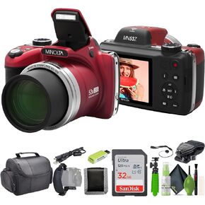 MINOLTA MN53Z 16 MP / 1080P FHD Bridge Digital Camera w/53x Optical Zoom (Red) Bundle with 32GB Memory Card + Camara Bag + Cleaning Kit + Vlogging Tripod + Accessories
