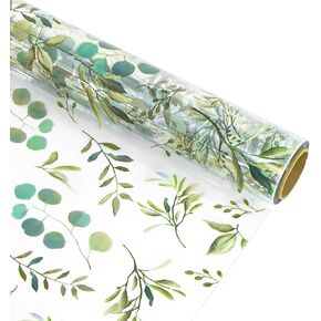 Whaline Eucalyptus Cellophane Wrap Roll Greenery Clear Wrapping Paper Green Leaves Plastic Gift Basket Wrap for Wedding Birthday Baby Shower Party DIY Craft Supplies, 16 Inch x 100 Ft
