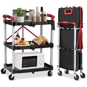 Towallmark Portable Folding Service Cart, 3 Tier Folding Utility Cart, Collapsible Utility Carts for Office, Warehouse, and Home, 56 Lbs Load Capacity per Shelf (Black & Red)