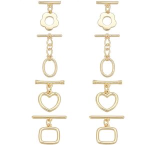 PH PandaHall 18K Gold Toggle Clasps, 4 Styles T-bar Closure Clasps Flower Heart Rectangle Oval IQ Toggle Clasps Findings Connector for Necklace Bracelet Jewelry Making, 8 Sets
