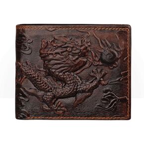 Mens Brown Genuine Leather Wallet with Credit Card Holder Dragon Pattern S