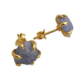 Handmade Large 6-8mm Raw Tanzanite Gem Sterling Silver Stud Earrings - Gemstone Jewelry Gift Ideas for Women - November Birthstone (yellow-gold-plated-silver)