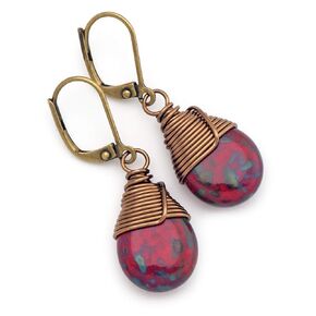 Dark Red Opaque Czech Glass Wire-wrapped Drop Bronze Lever-back Earrings 1.4 Inches