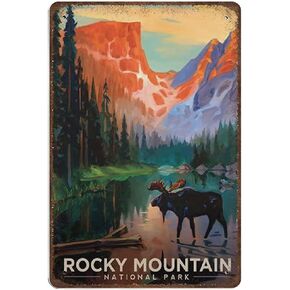 Metal Tin Retro Sign Rocky Mountain National Park Moose in The Morning Tin Sign, Travel Wall Art Print，Wall Decoration Plaques，Vintage Wall Home Decor 8x12 Inch
