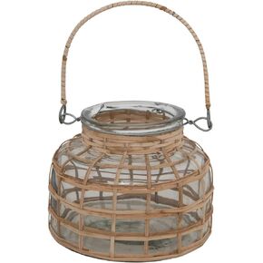 Bloomingville Glass Rattan Wrapped Tealight Holder with Handle Vase, 5" L x 5" W x 4" H, Natural