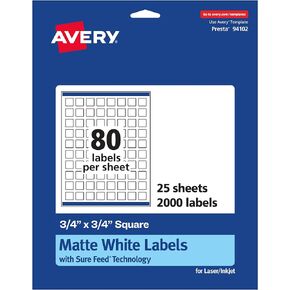 Avery Matte White Square Labels with Sure Feed, 3/4" x 3/4", 2,000 Matte White Printable Labels