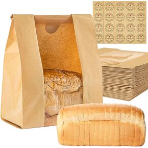 Bakery Bags with Window - Sukh 30 Pack Bread Packaging Bags Loaf Paper Bags Small Homemade Bread Bag for Sourdough Bread Food Packaging Storage Bakery Bag with Label Seal Stickers (12.5x8.2x3.9 inch)