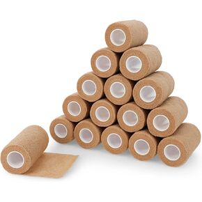 Self Adhesive Elastic Bandage Wrap 16 Pack in Beige - 4in First Aid Compression Bandage Wrap Tape for Injuries or Dogs - Sport and Cosplay Bandages Wrap - Low Pressure Crepe Bandage Wrap