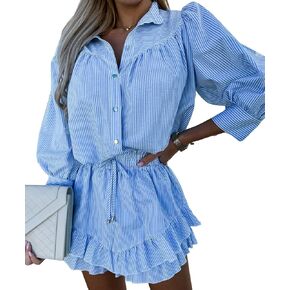 Womens 2 Piece Outfits Puff Sleeve Button Down Stripe Shirt and High Waist Mini Skirts Set