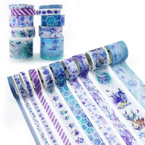 10 Rolls Washi Tape Set, Wide Pretty Floral Flowers Washi Masking Tape Fish Blue Washi Tape Decorative Masking Tape for Scrapbooking, DIY Arts and Crafts, Bullet Journal, Planner, Card Gift Wrapping