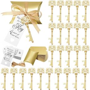 100 Sets Vintage Key Bottle Opener Wedding Favors, Wedding Party Souvenir Gift for Guests with Thank You Tag Card Pillow Candy Box and Satin Ribbon (Gold)