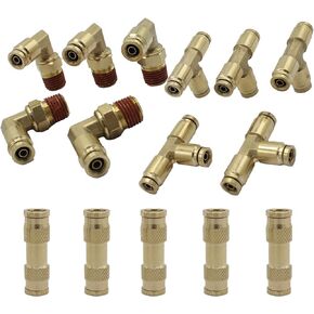 1/4 Tee Union Brass Air Brake Line Fitting 5PCS, 1/4 Elbow Brass Push to Connect Air Line Fittings 5 PCS, 1/4 Brass Quick Connect Fitting 5PCS, Air Brake Line Fittings（15PCS）