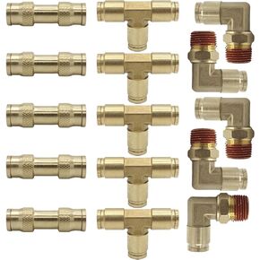 1/4 Tee Union Brass Air Brake Line Fitting 5PCS, 1/4 Elbow Brass Push to Connect Air Line Fittings 5 PCS, 1/4 Brass Quick Connect Fitting 5PCS, Air Brake Line Fittings（15PCS）
