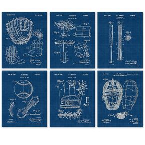 Vintage Baseball Patent Prints, 6 (8x10) Unframed Photos, Wall Art Decor Gifts for Home Office Gears Garage Shop Man Cave Gym College Student Teacher Coach State World Championship Field Sports Fan