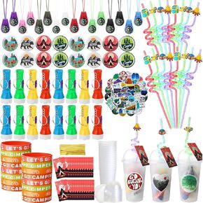Yaomiao 163 Pcs Spring Camping Party Favors with Mini Compass for Kids Flashlights Keychain Cups with Dome Lids Silicone Bracelets Stickers Badges Plastic Straw Tag for Camping Adventure Birthday Gift