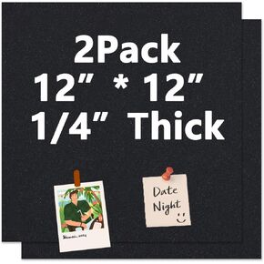 Cork Board 12"x 12" Self-Adhesive Black Cork Board, 1/4" Thick Cork Boards, 2 Pack Black Bulletin Board (3030BK-6mm-2p)