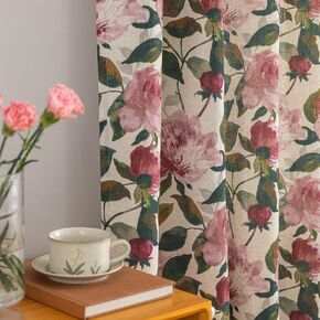 ALIGOGO Pink Vintage Floral Curtains for Living Room 84 Inch Length French Country Peony Linen Patterned Curtains Farmhouse Botanical Drapes Semi Blackout Window Curtain Panels Pair W52 x L84