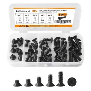 M5 x 30mm 35mm 40mm 45mm 50mm Flat Head Hex Socket Cap Screws Countersunk Bolts, 10.9 Grade Alloy Steel, Black Oxide Finish, Fully Threaded, Metric Allen Hex Drive, Assortment Kit 50Pcs