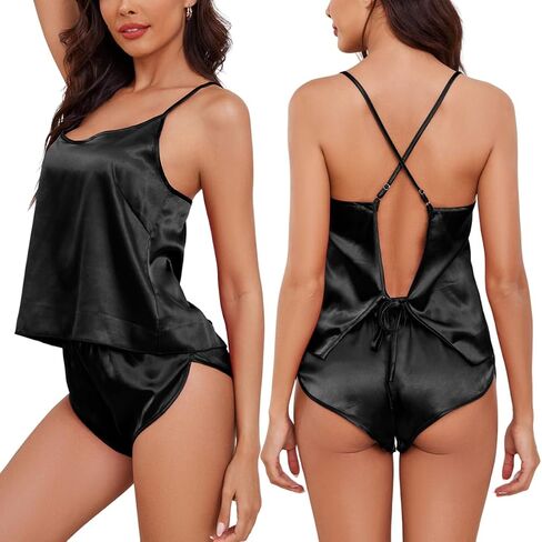 Satin Pajama for Women 2 Piece Lingerie Sets Silk Pj Cami Back Straps Top and Shorts Lounge Set in Saudi Arabia