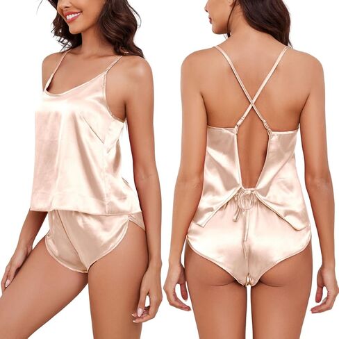 Satin Pajama for Women 2 Piece Lingerie Sets Silk Pj Cami Back Straps Top and Shorts Lounge Set in Saudi Arabia