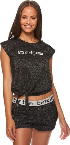 bebe Womens Logo Print Short Sleeve Shirt and Pajama Shorts Lounge Sleepwear Set in Saudi Arabia