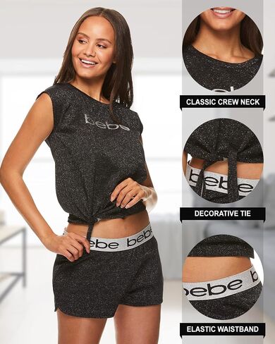 bebe Womens Logo Print Short Sleeve Shirt and Pajama Shorts Lounge Sleepwear Set in Saudi Arabia