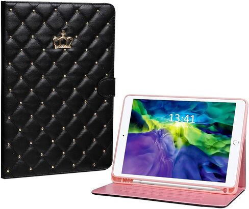 Case for iPad 10th Generation Case with Pencil Holder, PU Leather Crown Bling Folio Stand Cover and Multiple Viewing Angles (Black) in Saudi Arabia