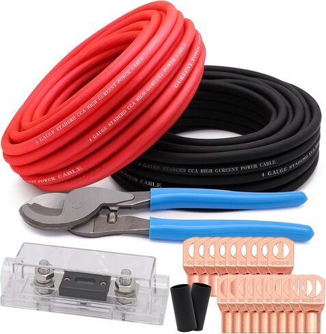 100Ft 4 Gauge Wire Copper Clad Aluminum CCA Car Audio Speaker,Battery Power/Ground Cable,RV Trailer Amp Wiring Kit with Cable Cutter,Heat Shrink Tube,Lugs(Black&Red) in Saudi Arabia