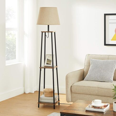 مصباح أرضي من VASAGLE مع أرفف، مصباح قراءة واقف مع غطاء مصباح، لغرفة المعيشة، غرفة النوم، المصباح غير متضمن، بني ريفي وأسود ULFL012B01 in Kuwait