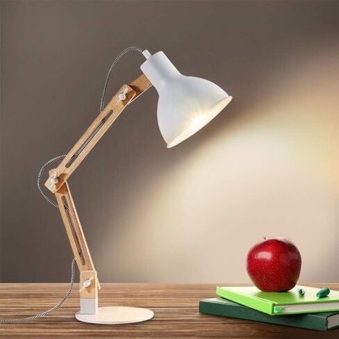 DINGLILIGHTING DLLT Swing Arm Desk Lamp, Wood Adjustable Gooseneck Table Lamp, Modern Architect Desk Light, Reading Light for Work, Study, Bedroom, Home Office, White Metal Shade, E26 Bulb Included in Saudi Arabia