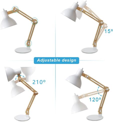DINGLILIGHTING DLLT Swing Arm Desk Lamp, Wood Adjustable Gooseneck Table Lamp, Modern Architect Desk Light, Reading Light for Work, Study, Bedroom, Home Office, White Metal Shade, E26 Bulb Included in Saudi Arabia