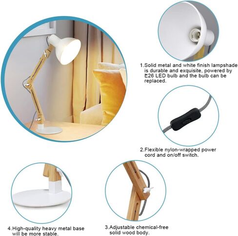 DINGLILIGHTING DLLT Swing Arm Desk Lamp, Wood Adjustable Gooseneck Table Lamp, Modern Architect Desk Light, Reading Light for Work, Study, Bedroom, Home Office, White Metal Shade, E26 Bulb Included in Saudi Arabia