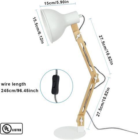 DINGLILIGHTING DLLT Swing Arm Desk Lamp, Wood Adjustable Gooseneck Table Lamp, Modern Architect Desk Light, Reading Light for Work, Study, Bedroom, Home Office, White Metal Shade, E26 Bulb Included in Saudi Arabia