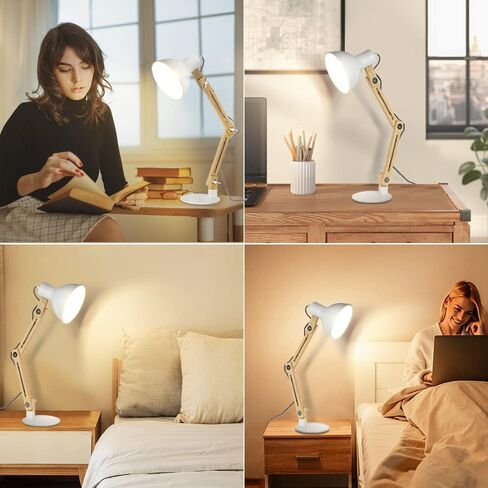 DINGLILIGHTING DLLT Swing Arm Desk Lamp, Wood Adjustable Gooseneck Table Lamp, Modern Architect Desk Light, Reading Light for Work, Study, Bedroom, Home Office, White Metal Shade, E26 Bulb Included in Saudi Arabia