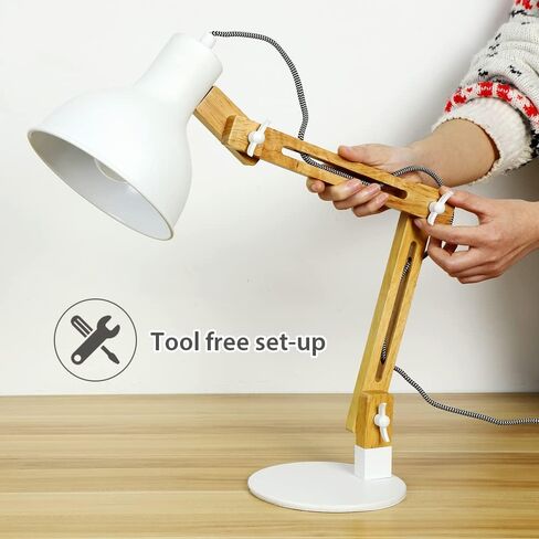DINGLILIGHTING DLLT Swing Arm Desk Lamp, Wood Adjustable Gooseneck Table Lamp, Modern Architect Desk Light, Reading Light for Work, Study, Bedroom, Home Office, White Metal Shade, E26 Bulb Included in Saudi Arabia