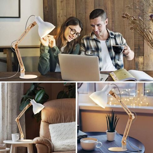 DINGLILIGHTING DLLT Swing Arm Desk Lamp, Wood Adjustable Gooseneck Table Lamp, Modern Architect Desk Light, Reading Light for Work, Study, Bedroom, Home Office, White Metal Shade, E26 Bulb Included in Saudi Arabia