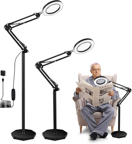 عدسة مكبرة 5X مع ضوء وحامل، مصباح أرضي مكبر بسطوع قابل للتعديل، مكبر مضاء بذراع معقوفة للقراءة والحرف اليدوية والعمل القريب in Kuwait