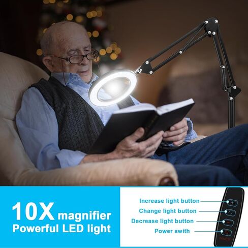 عدسة مكبرة 5X مع ضوء وحامل، مصباح أرضي مكبر بسطوع قابل للتعديل، مكبر مضاء بذراع معقوفة للقراءة والحرف اليدوية والعمل القريب in Kuwait