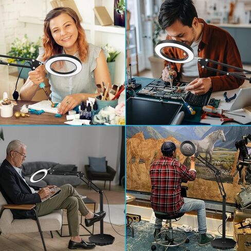 عدسة مكبرة 5X مع ضوء وحامل، مصباح أرضي مكبر بسطوع قابل للتعديل، مكبر مضاء بذراع معقوفة للقراءة والحرف اليدوية والعمل القريب in Kuwait