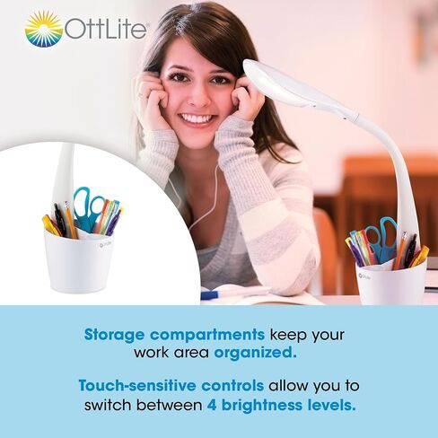 منظم مساحة مصباح مكتبي LED من OttLite مع ارتفاع مرن للرقبة - 4 إعدادات سطوع مع أدوات تحكم تعمل باللمس، مصابيح LED لضوء النهار الطبيعي موفرة للطاقة للمكتب المنزلي والمكتب والمساكن in Kuwait